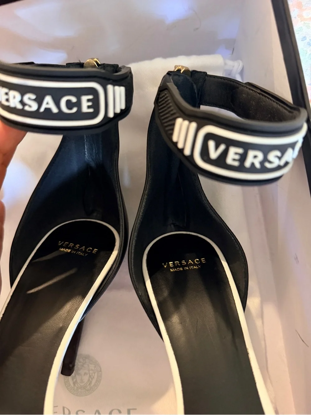 Versace Black and White Logo Ankle-Strap Heels